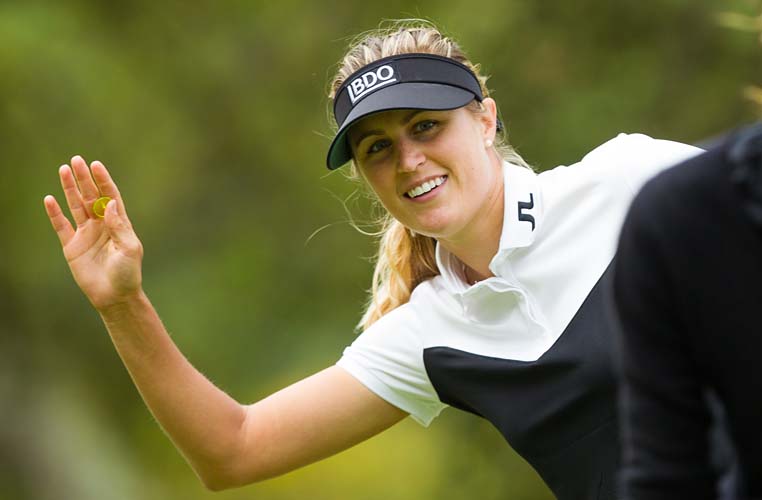 06/05/2016. Ladies European Tour 2016. Lalla Meryem Cup, Royal Dar Es Salam De Rabat, Rabat, Morocco. May 5-8. Camilla Lennarth of Sweden photobombs Florentyna Parker during the second round. Credit: Tristan Jones