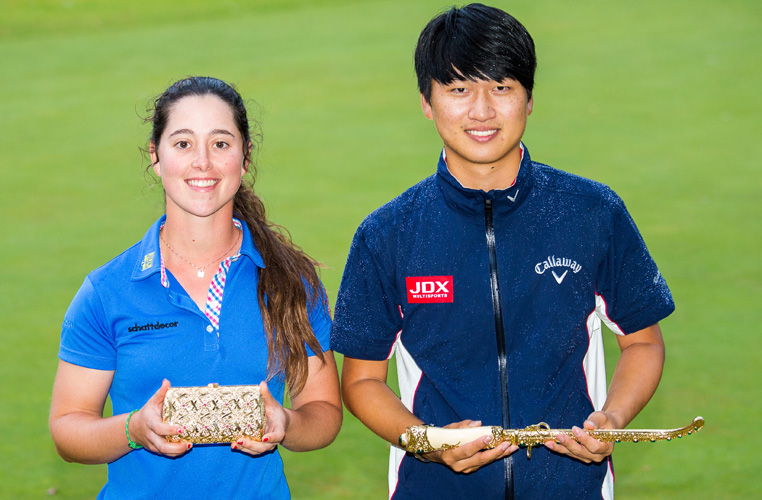 08/05/2016. Ladies European Tour 2016. Lalla Meryem Cup, Royal Dar Es Salam De Rabat, Rabat, Morocco. May 5-8. Nuria Iturrios of Spain and  Jeunghun Wang of Korea with their trophies. Credit: Tristan Jones