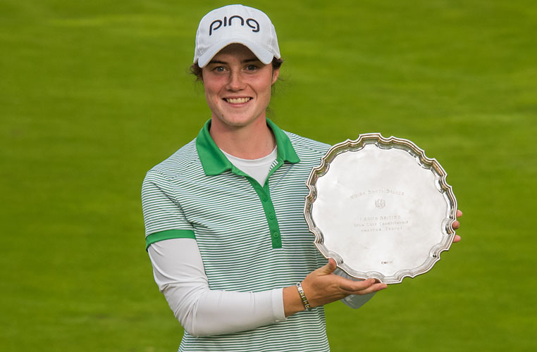 31/07/2016. Ladies European Tour 2016. Ricoh Women's British Open, Marquess course, Woburn GC, England. 28-31 August. Leona Maguire of Ireland with the Smith Salver for the top placed amateur at the British Open. Credit: Tristan Jones