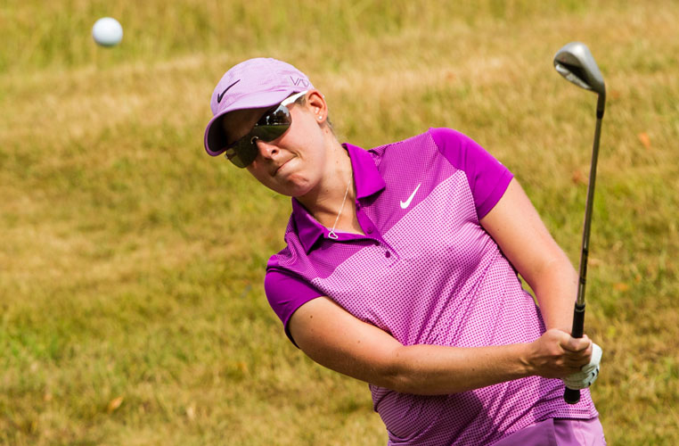 03/07/2015. Ladies European Tour 2015. ISPS HANDA Ladies European Masters, Buckinghamshire Golf Club, Denham, England. July 2-5. Ashleigh Simon of South Africa plays out of a bunker during the second round. Credit: Tristan Jones