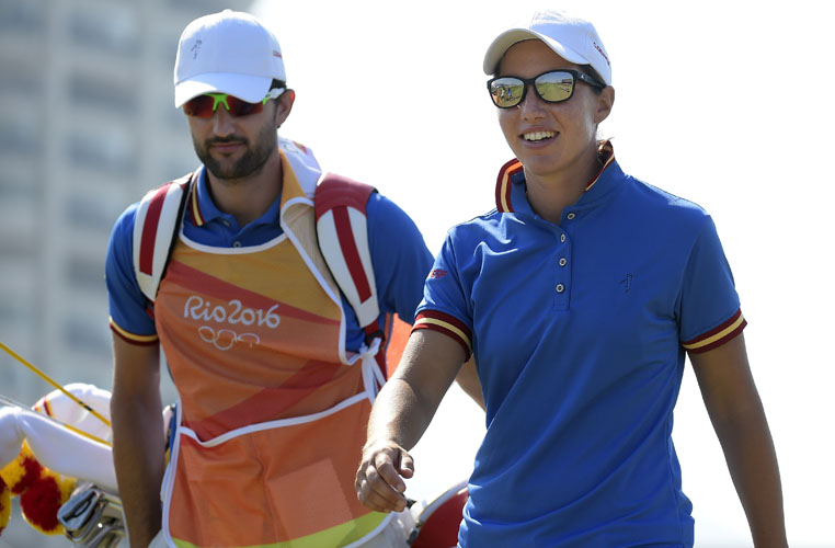 RIO DE JANEIRO, BRAZIL - AUGUST 17: Carlota Ciganda of Spain walks along the first hole during the first round of the Rio 2016 Olympic Games at the Olympic Golf Course on August 17, 2016 in Rio de Janeiro, Brazil. (Photo by Stan Badz/PGA TOUR/IGF)