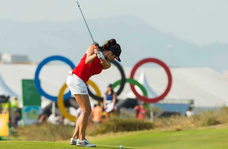 RIO DE JANEIRO, BRAZIL - 19/08/2016: Gerina Piller of the USA hits into the 16th hole during the third round at the Rio 2016 Olympic Games, Reserva de Marapendi Golf Course, Barra Da Tijuca, Rio De Janeiro, Brazil. (Photo by Tristan Jones/IGF)