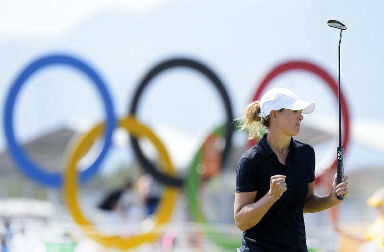 RIO DE JANEIRO, BRAZIL - AUGUST 18: Marianne Skarpnord of Norway celebrates with her birdie putt on the 16th hole during the second round of the Rio 2016 Olympic Games at the Olympic Golf Course on August 18, 2016 in Rio de Janeiro, Brazil. (Photo by Stan Badz/PGA TOUR/IGF)