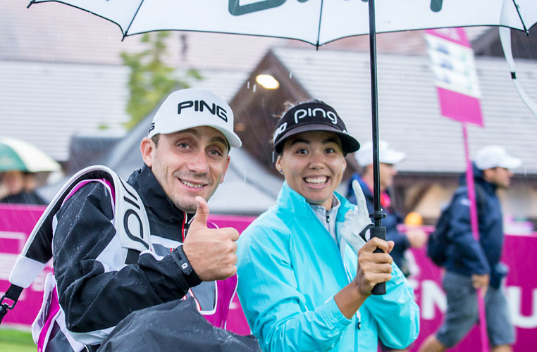 15/09/2016 Ladies European Tour 2016: Evian Championship, Evian Resort Golf Club, Evian Les Bains, France 15-18 September. Isabelle Boineau of France smiling despite the rain. Credit: Tristan Jones