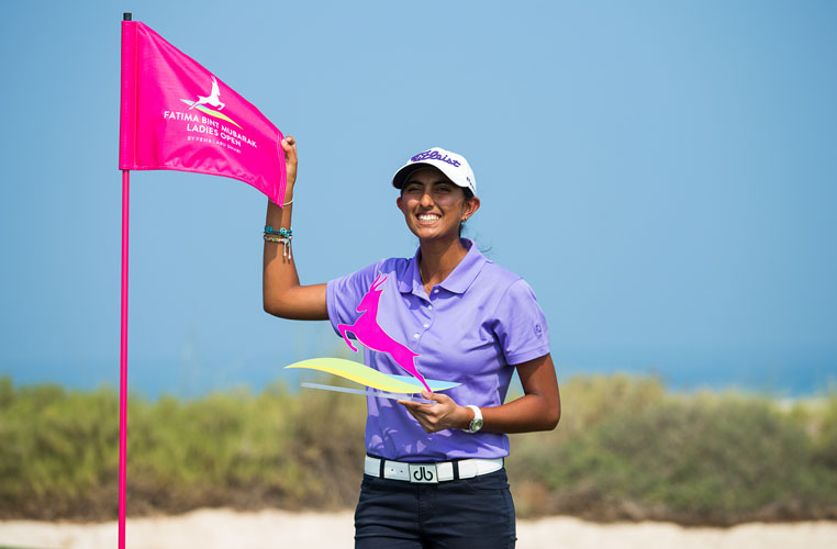 31/10/2016 Ladies European Tour 2016: Fatima Bint Mubarak Ladies Open, Saadiyat Beach Golf Club, Abu Dhabi, United Arab Emirates 2-5 November. Aditi Ashok of India winner of the nearest the pin bunker challenge. Credit: Tristan Jones