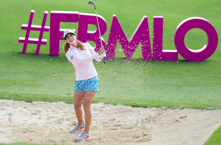 31/10/2016 Ladies European Tour 2016: Fatima Bint Mubarak Ladies Open, Saadiyat Beach Golf Club, Abu Dhabi, United Arab Emirates 2-5 November. Belen Mozo of Spain plays out of a bunker on the 17th hole during a photo shoot. Credit: Tristan Jones