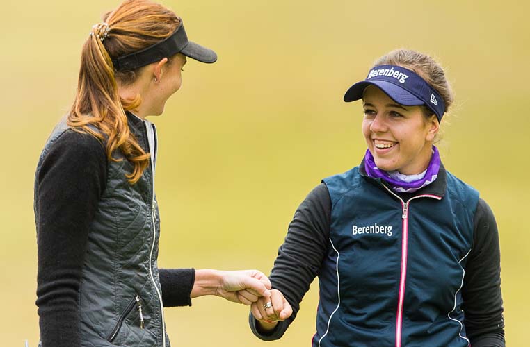 30/11/2016 Ladies European Tour 2016: The Queens presented by Kowa, Miyoshi Country Club, Aichi, Nagoya Japan. 2-4 December. Florentyna Parker and Georgia Hall of England celebrate a biridie in match play against Becky Morgan and Linda Wessberg during a practice round. Credit: Tristan Jones