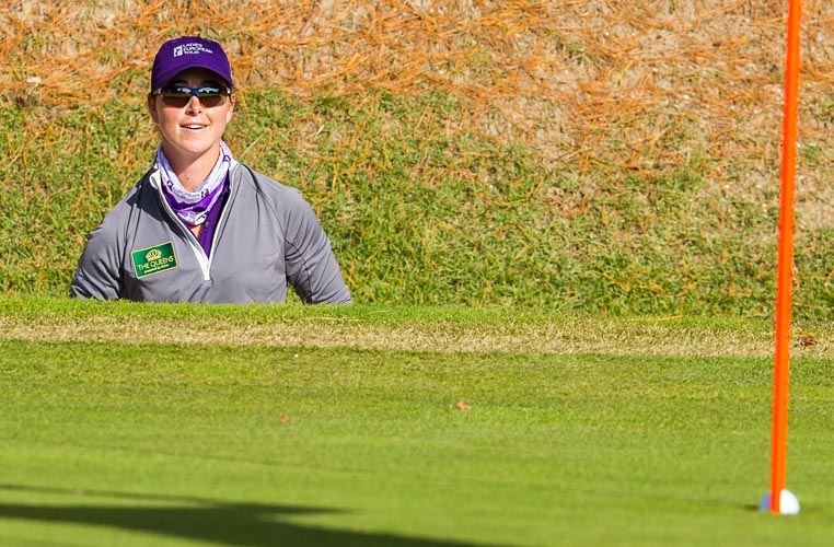 02/12/2016 Ladies European Tour 2016: The Queens presented by Kowa, Miyoshi Country Club, Aichi, Nagoya Japan. 2-4 December. Nuria Iturrios of Spain celebrates holing her bunker shot for a win on the 16th hole during the Friday foursomes. Credit: Tristan Jones