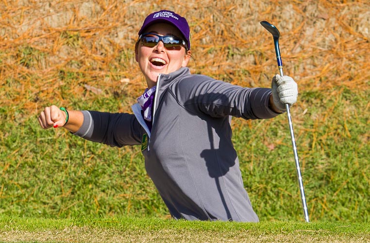 02/12/2016 Ladies European Tour 2016: The Queens presented by Kowa, Miyoshi Country Club, Aichi, Nagoya Japan. 2-4 December. Nuria Iturrios of Spain celebrates holing her bunker shot for a win on the 16th hole during the Friday foursomes. Credit: Tristan Jones