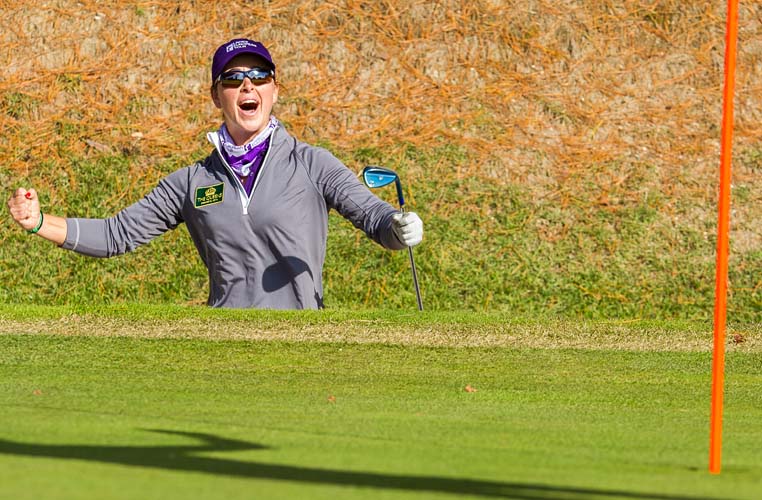 02/12/2016 Ladies European Tour 2016: The Queens presented by Kowa, Miyoshi Country Club, Aichi, Nagoya Japan. 2-4 December. Nuria Iturrios of Spain celebrates holing her bunker shot for a win on the 16th hole during the Friday foursomes. Credit: Tristan Jones