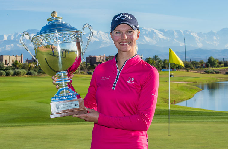 21/12/2016 Ladies European Tour 2016: Lalla Aicha Tour School, Samanah Country Club, Marrakech, Morocco. 17-21 December. Madelene Sagstrom of Sweden with her trophy. Credit: Tristan Jones