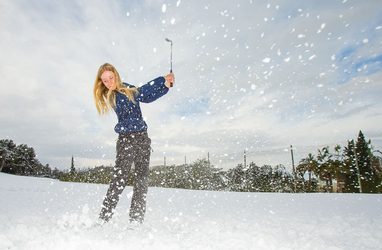 18/01/2017 Ladies European Tour 2016: Rookie orientation, La Sella Resort, Denia, Spain. Jenny Haglund of Sweden hits some balls in the snow on the range at La Sella. Credit: Tristan Jones