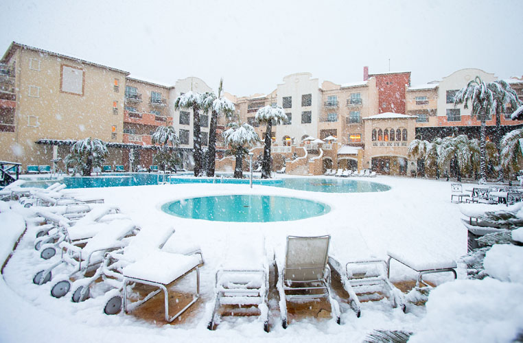 18/01/2017 Ladies European Tour 2016: Rookie orientation, La Sella Resort, Denia, Spain. A view of the pool and hotel during the heavy snow. Credit: Tristan Jones