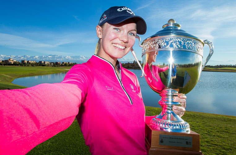 21/12/2016 Ladies European Tour 2016: Lalla Aicha Tour School, Samanah Country Club, Marrakech, Morocco. 17-21 December. Madelene Sagstrom of Sweden with her trophy. Credit: Tristan Jones