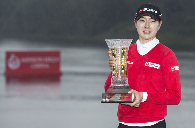 Jung Min Lee of South Korea poses with her trophy during the Prize giving ceremony of the World Ladies Championship 2016 on 13 March 2016 at Mission Hills Olazabal Golf Course in Dongguan, China. Photo by Victor Fraile / Power Sport Images