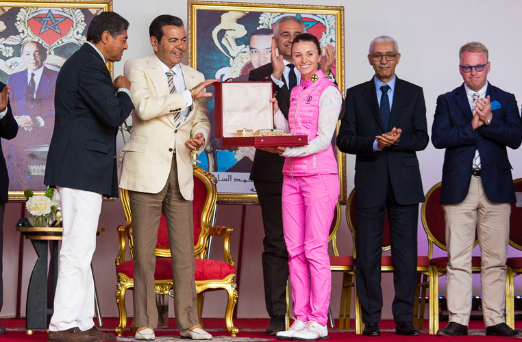 16/04/2017 Ladies European Tour 2016: Lalla Meryem Cup, Royal Golf Dar Es-Salam, Rabat, Morocco. 13-16 April 2017. Klara Spilkova of the Czech Republic receives her trophies from His Royal Highness Prince Moulay Rachid. Credit: Tristan Jones