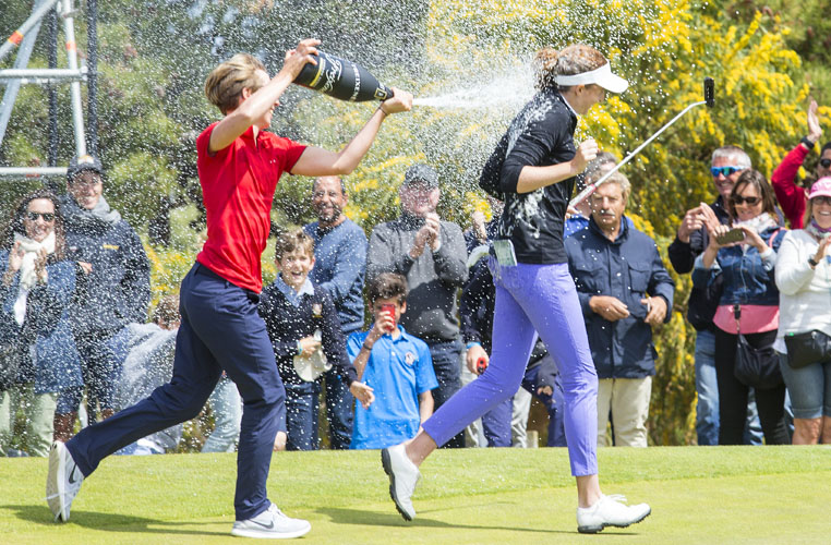 23/04/2017 Ladies European Tour 2017: Estrella Damm Mediterranean Ladies Open, Club De Golf Terramar, Sitges, Barcelona Spain. 20-23 April 2017. Florentyna Parker of England is showered with champagne after her win. Credit: Tristan Jones