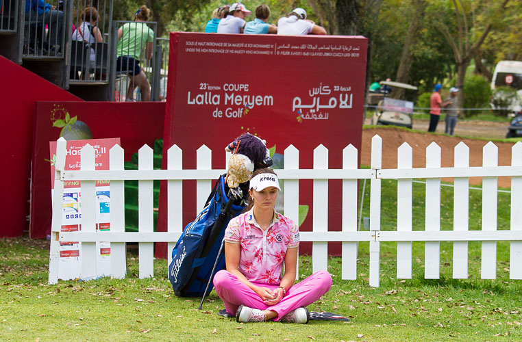 16/04/2017 Ladies European Tour 2016: Lalla Meryem Cup, Royal Golf Dar Es-Salam, Rabat, Morocco. 13-16 April 2017. Klara Spilkova of the Czech Republic meditates on the putting green waiting for Suzann Pettersen to finish her round . Credit: Tristan Jones