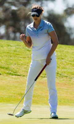 Tonje Daffinrud of Norway celebrates a birdie on the par 4 9th hole