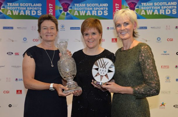 EDINBURGH, SCOTLAND - SEPTEMBER 21: First Minister Nicola Sturgeon (C), 2019 Solheim Cup European Captain Catriona Matthew (L), and Judy Murray pose together on the red Carpet at the Scottish Sports Awards after Catriona Matthew was announced as the new European Team Captain for the 2019 Solheim Cup to be held at Gleneagles during a press conference at the Edinburgh International Conference Centre on September 21, 2017 in Edinburgh, Scotland. *** Local Caption *** Nicola Sturgeon; Catriona Matthew; Judy Murray