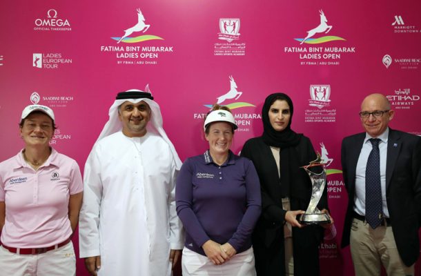 during a press confrence ahead of the Fatima Bint Mubarak Ladies Open at Saadiyat Beach Golf Club on October 30, 2017 in Abu Dhabi, United Arab Emirates.