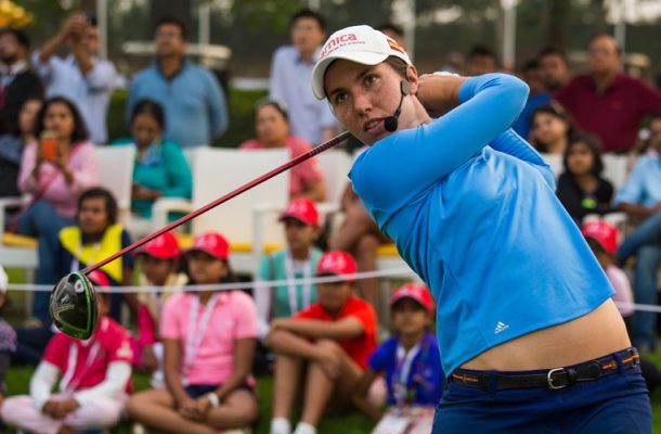 10/11/2017 Ladies European Tour 2017: Hero Women's Indian Open, DLF Golf and Country Club. Dehli November 10-12 2017. Carlota Ciganda of Spain host a clinic for the LET/WGAI Junior Camp, inspiring some of India's best young amateur golfers. Credit: Tristan Jones.